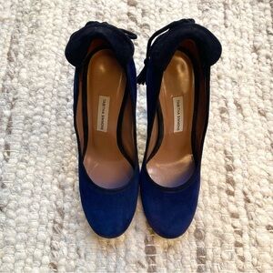 Tabitha Simmons Rich Navy Suede Tassel Wedge Sculpted Pumps, Tie Heels, Size 6.5